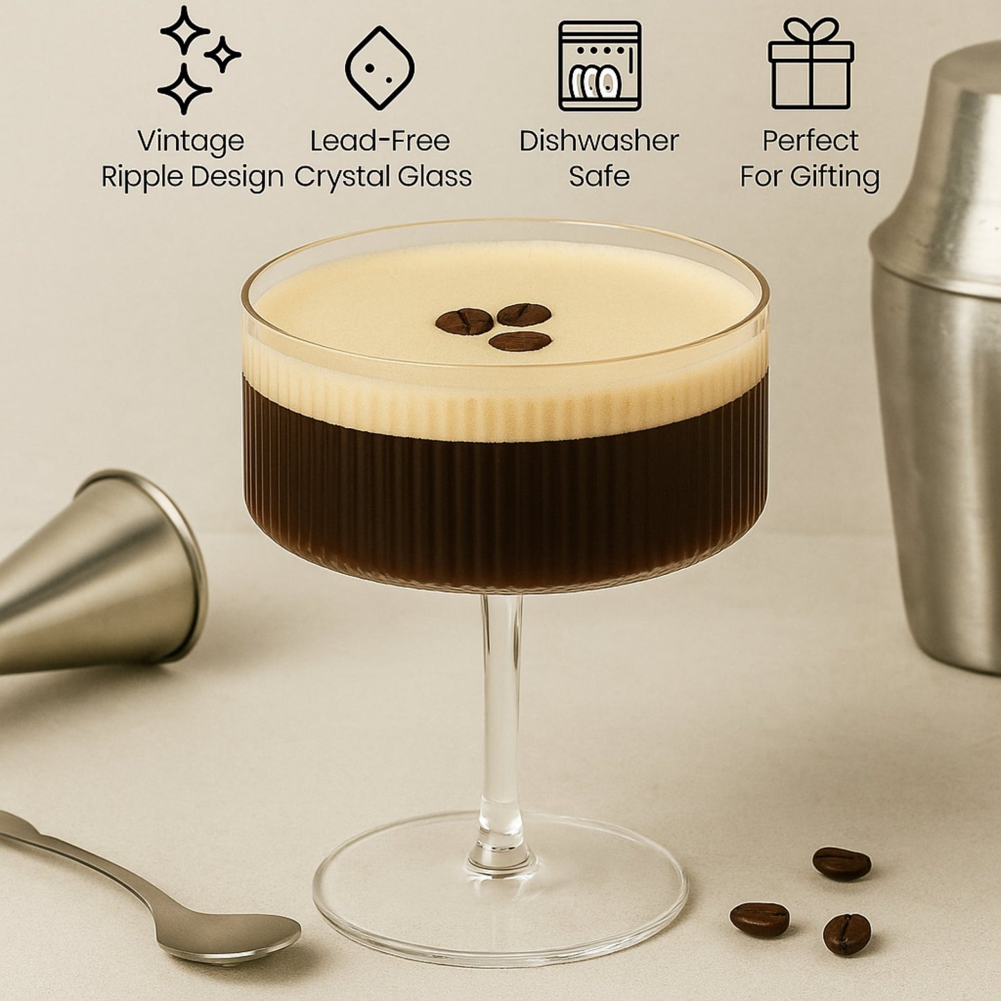 6 Ribbed Coupe Glasses Set - 10 oz - Drinkware - From Cocktail Craft