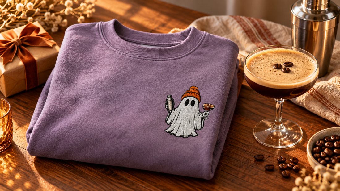 Folded plum embroidered Espresso Martini Ghost crewneck beside an espresso martini, wrapped gift, and cocktail shaker.