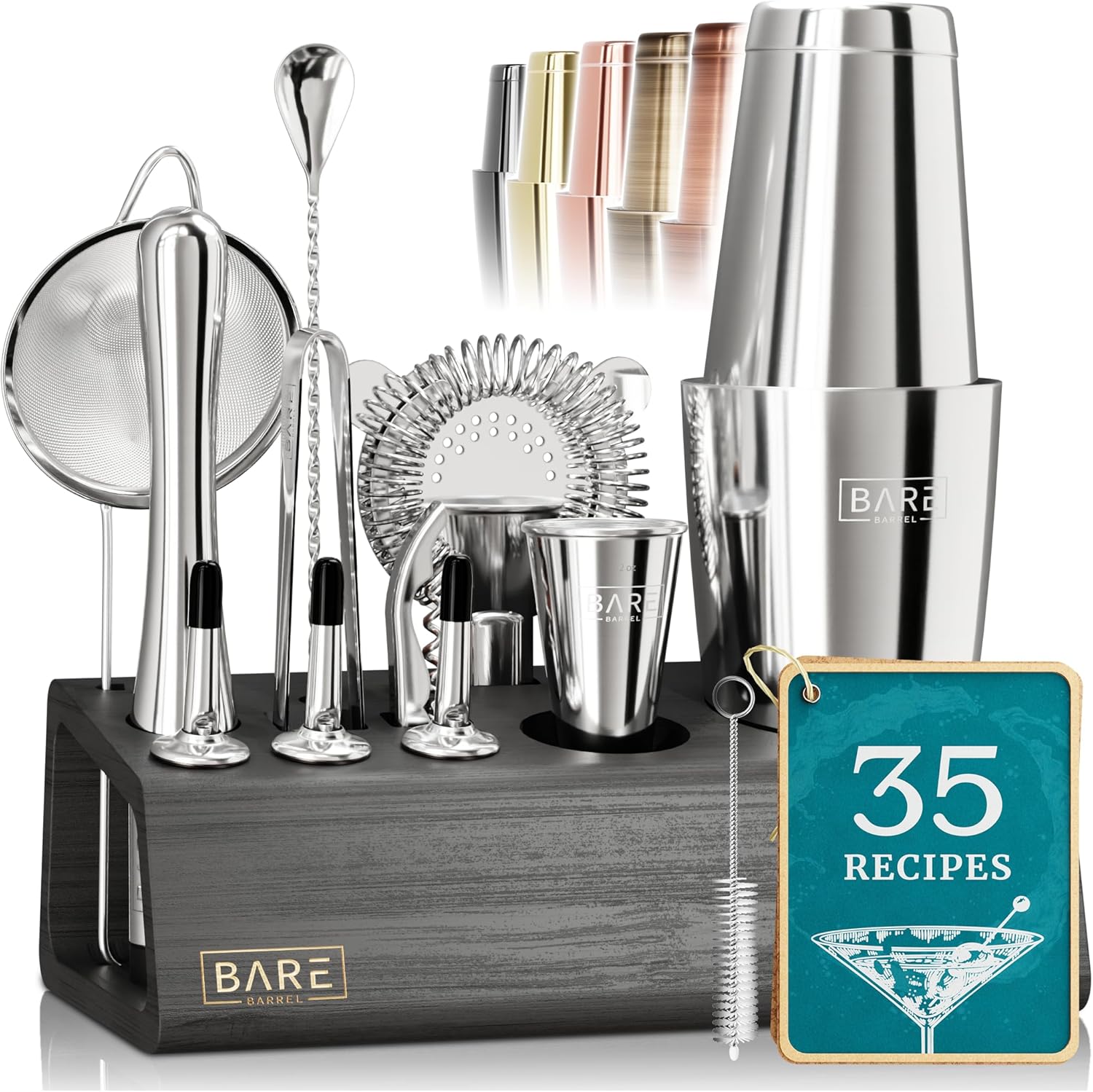 Professional silver bartending kit with cocktail shaker, strainer, and bar tools in dark wood stand – limited edition barware collection image