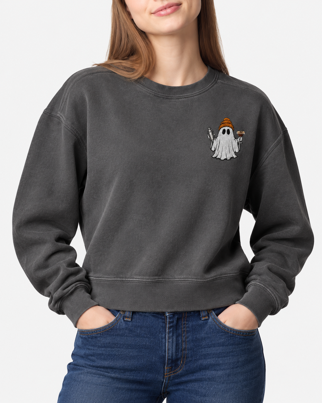 Embroidered Espresso Martini Ghost Women’s Mid-Length Crewneck