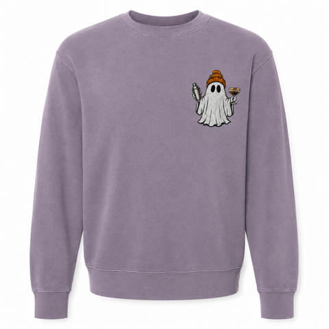 Plum Espresso Martini Ghost crewneck with embroidered cocktail-making ghost