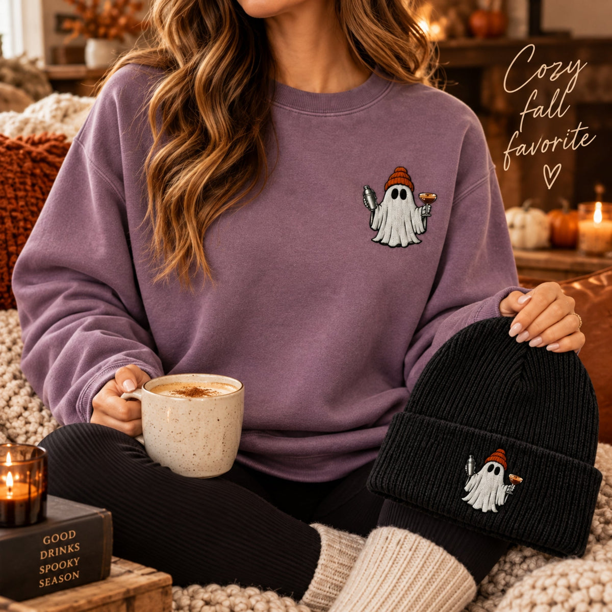 Cozy fall outfit with model wearing plum espresso martini ghost embroidered crewneck and holding matching black embroidered beanie