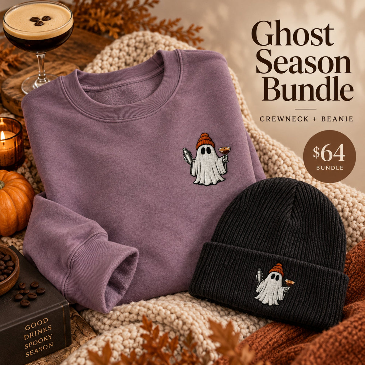 CocktailCraftCo Ghost Season Bundle featuring plum embroidered espresso martini ghost crewneck sweatshirt and black embroidered knit beanie
