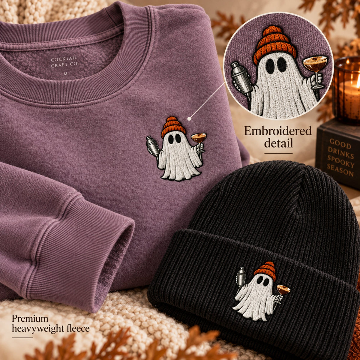 Close-up of espresso martini ghost embroidery and heavyweight crewneck fabric alongside black rib-knit embroidered ghost beanie
