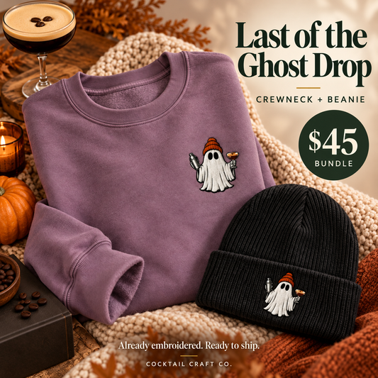 Last of the Ghost Drop: plum espresso martini ghost crewneck and black beanie, $45 bundle, ready to ship