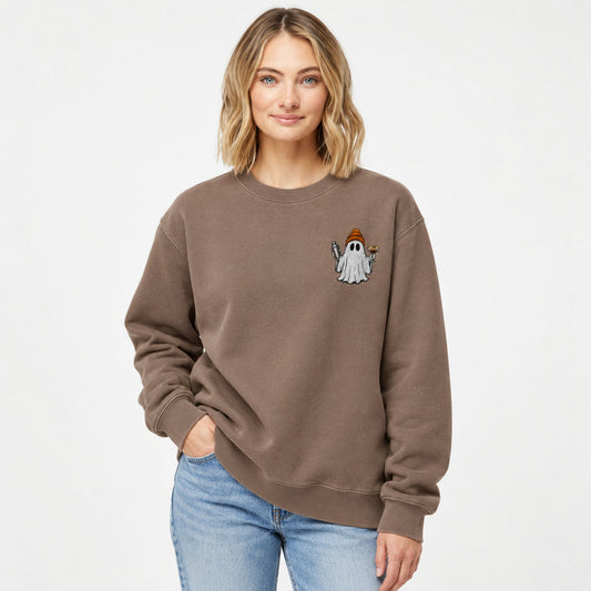 Clay embroidered espresso martini ghost crewneck sweatshirt on female model with relaxed fit